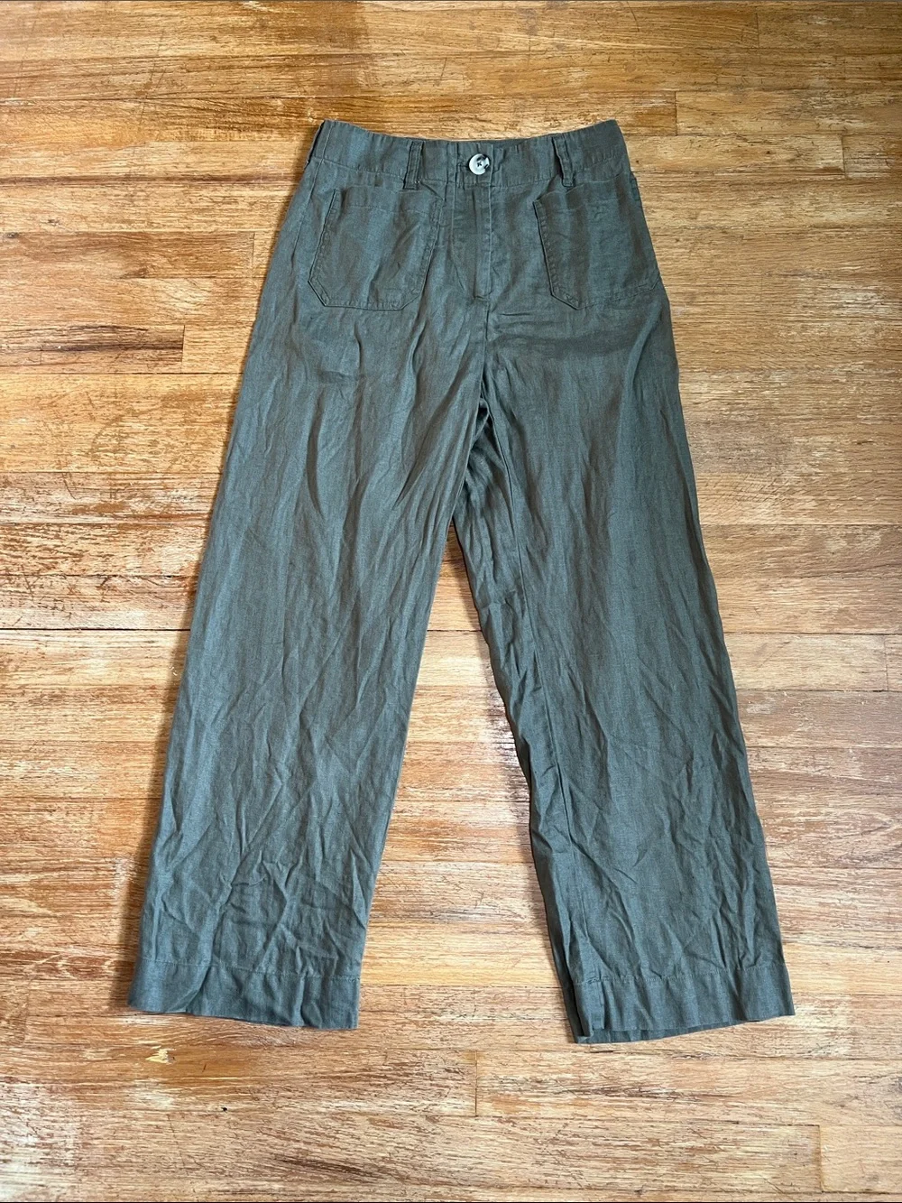 Quince 100% European Linen Patch Pocket Wide Leg Pants Olive Green size 4